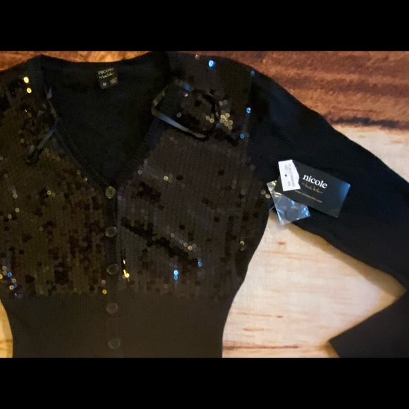 NWT Nicole Miller Black Sequin Button Front Summer Sweater - Picture 5 of 11